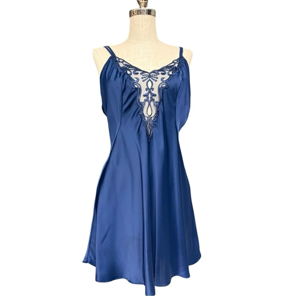 Seductivewear by Cinema Blue Satin Lace Slip Dress Size Large, Sexy Lace Slip